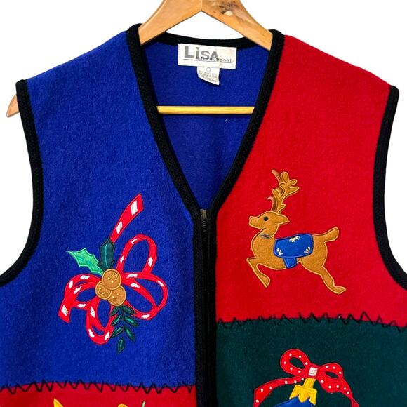 Vintage Boiled Wool Size Large Lisa International Zip Up Christmas Vest - Picture 3 of 10
